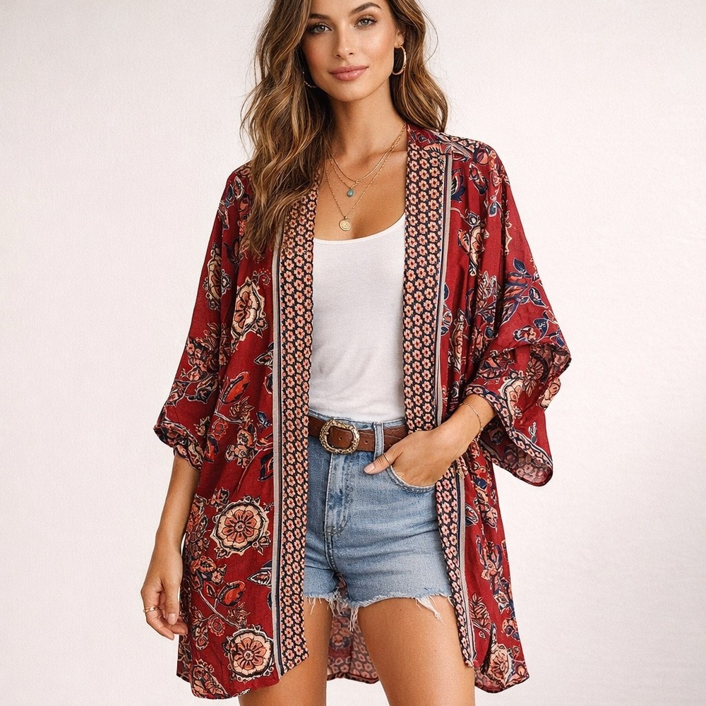 Angie Red Boho Open Front Kimono,‎ Small